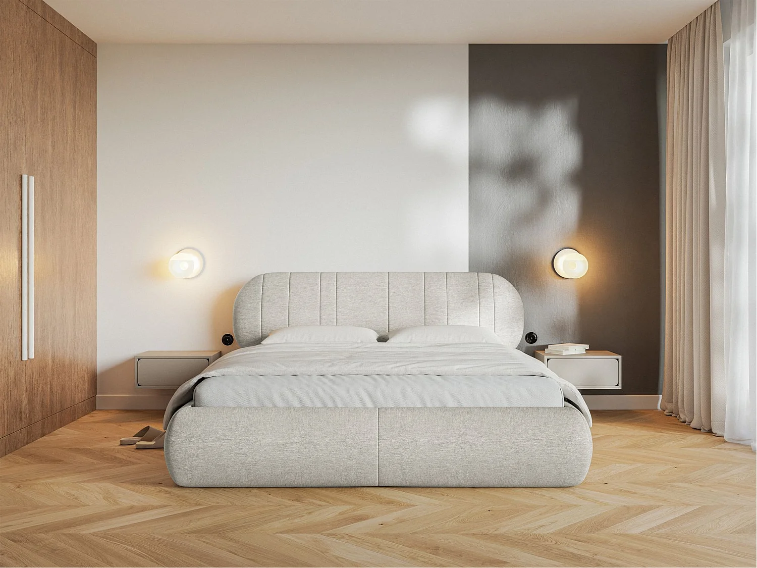 Gestoffeerd bed - 180x200 cm - in crèmekleurige geweven stof - ASMELIO