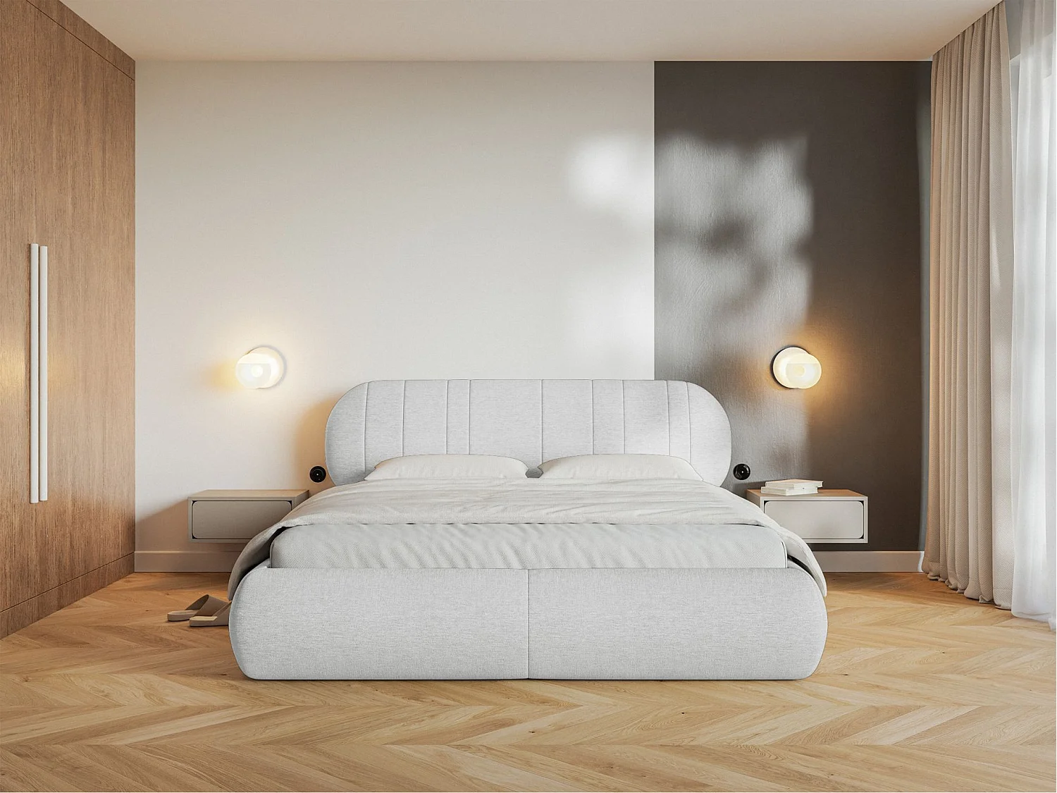 Gestoffeerd bed - 140x200 cm - in lichtgrijze geweven stof - ASMELIO