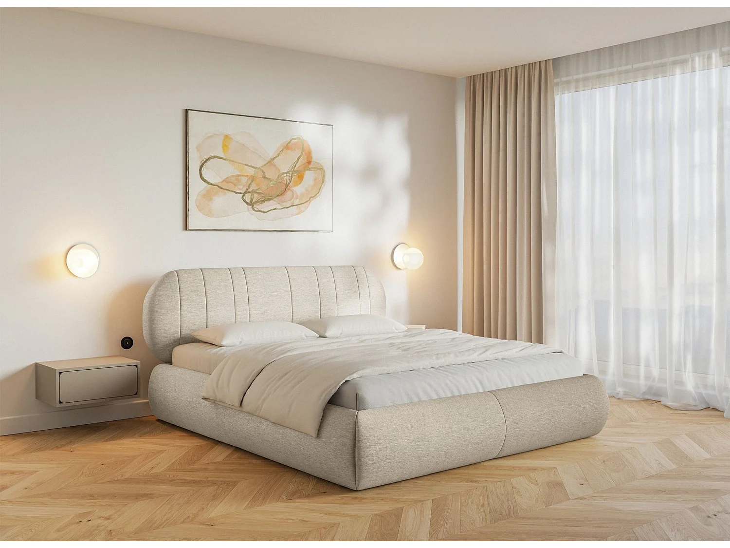 Lit coffre - 180x200 cm - en tissu tressé beige- ASMELIO