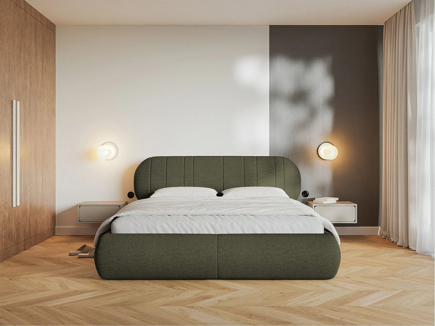 Lit coffre -180x200 cm - en tissu tressé vert foncé - ASMELIO