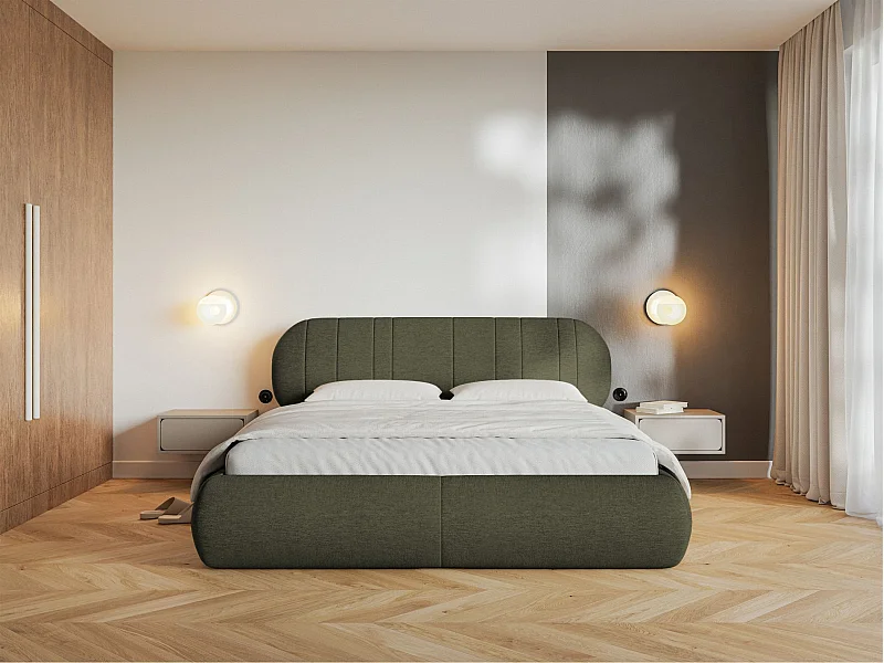Lit coffre -180x200 cm - en tissu tressé vert foncé - ASMELIO