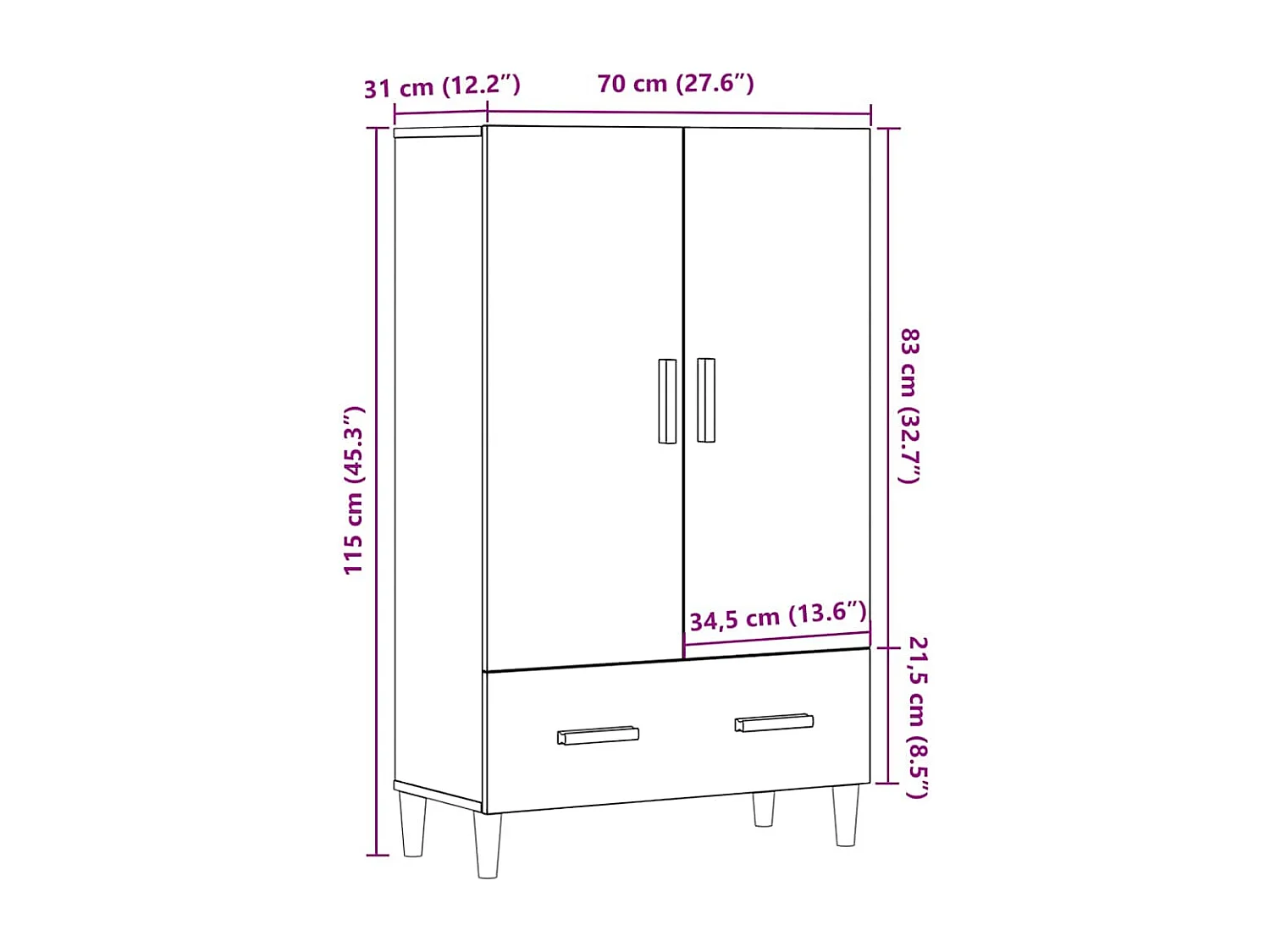 Buffet chêne artisanal 70x31x115 cm bois d'ingénierie