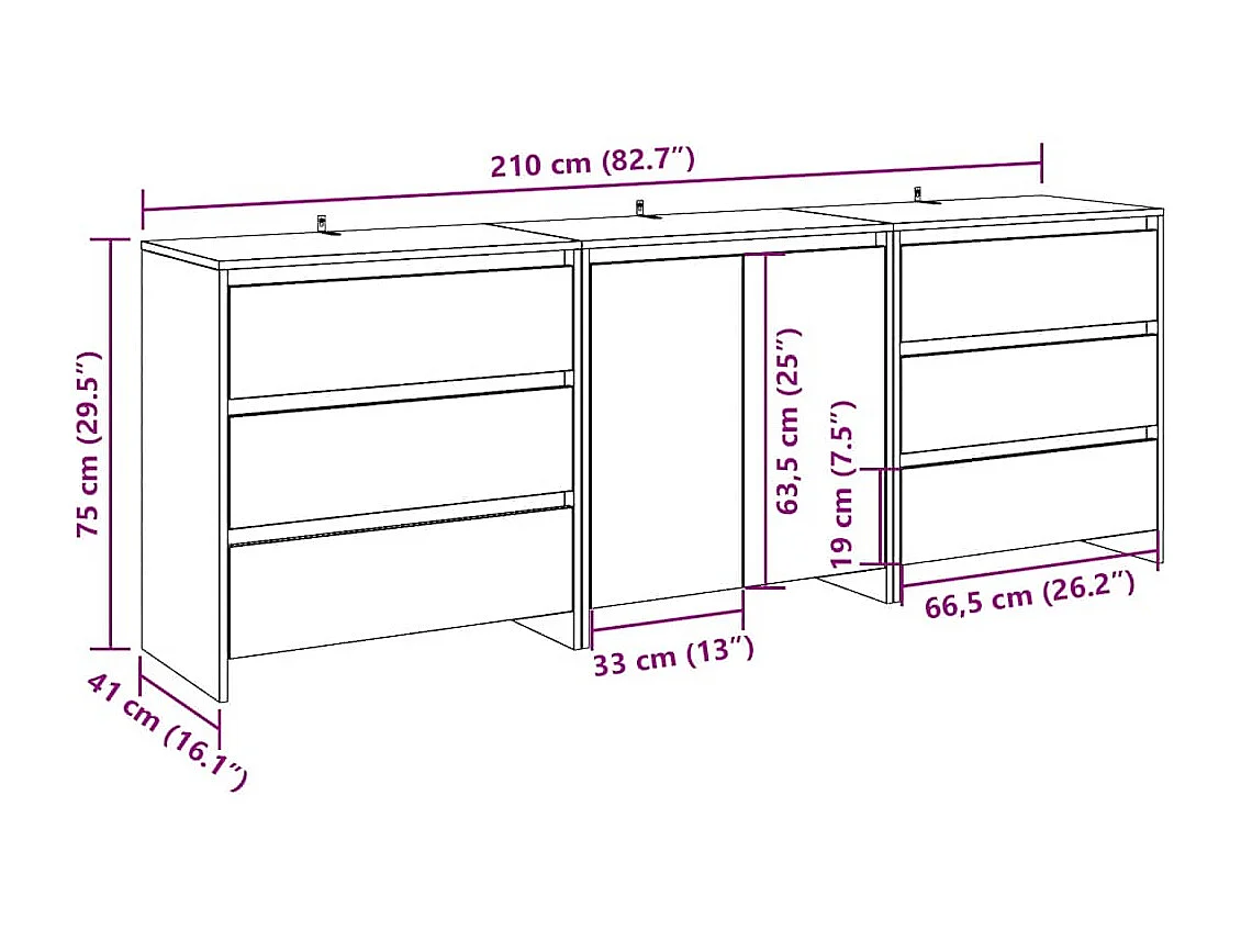 3-delige Dressoirs bewerkt hout oud houtkleurig