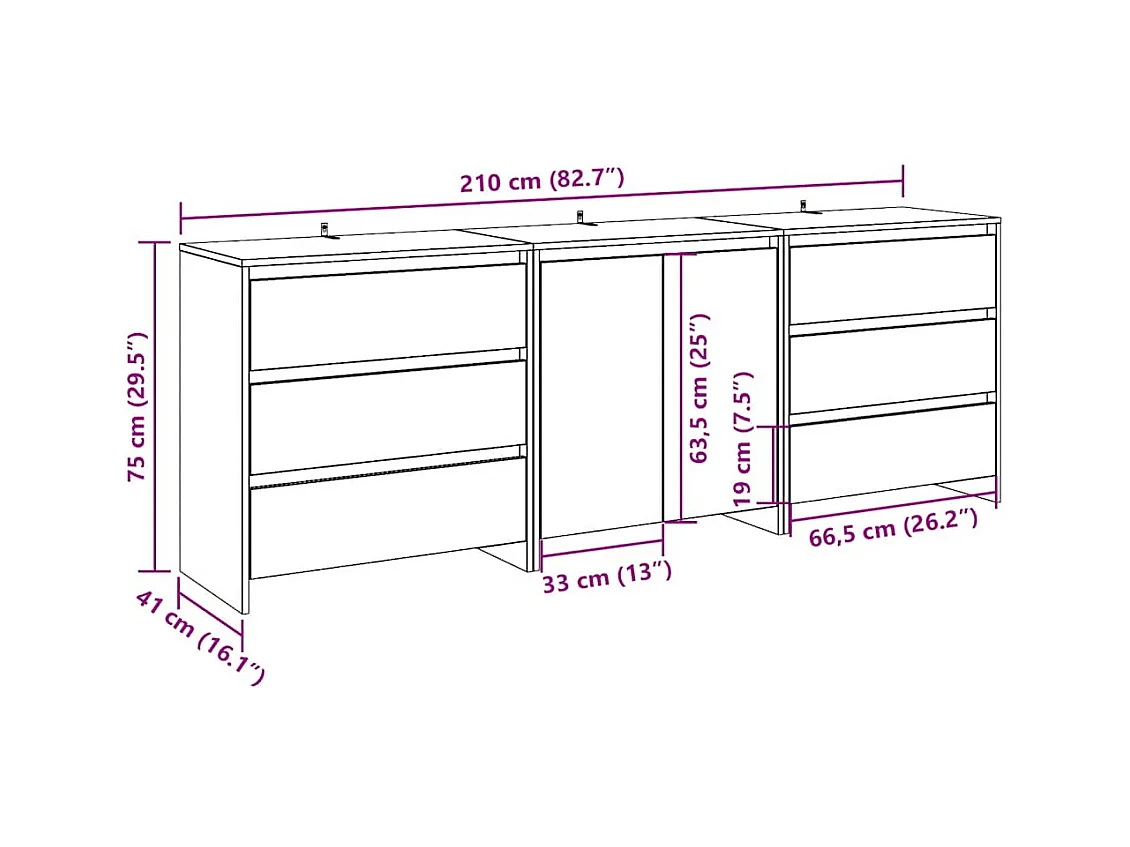 Buffet 3 pcs vieux bois bois d'ingénierie