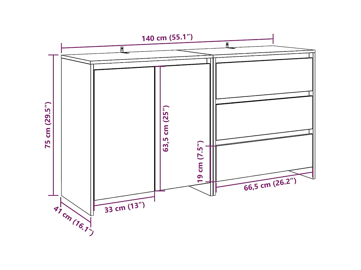 Buffet 2 pcs vieux bois bois d'ingénierie