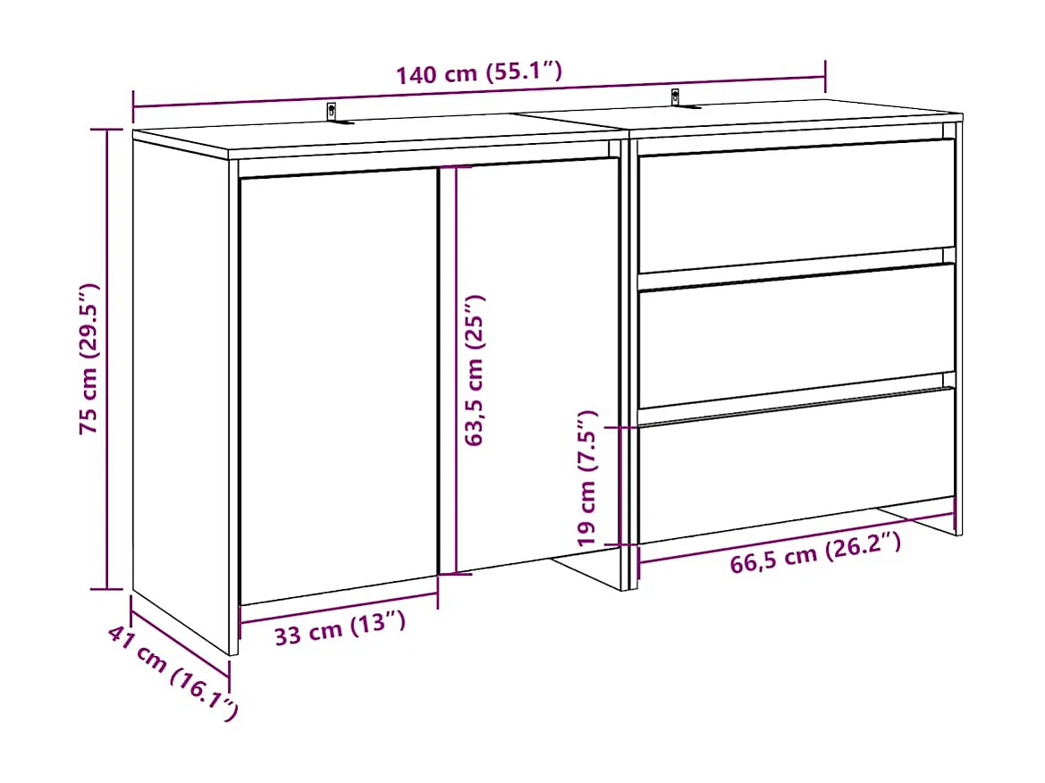Buffet 2 pcs vieux bois bois d'ingénierie