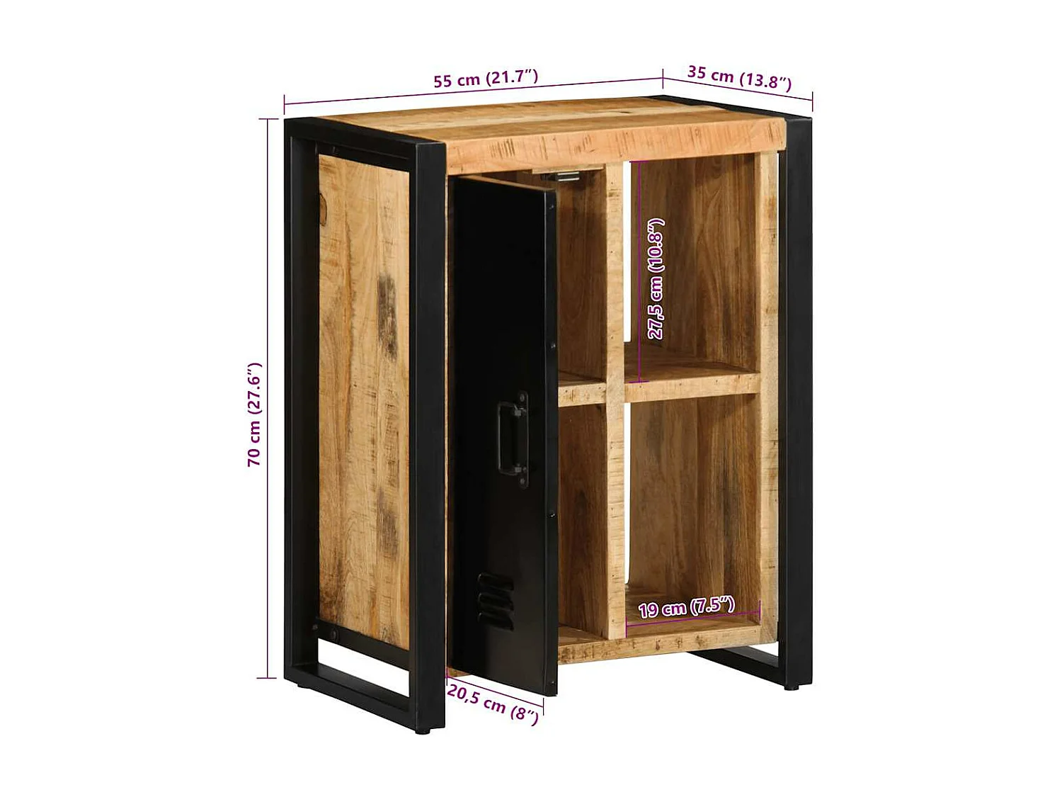 Buffet 55x35x70 cm bois de manguier brut massif