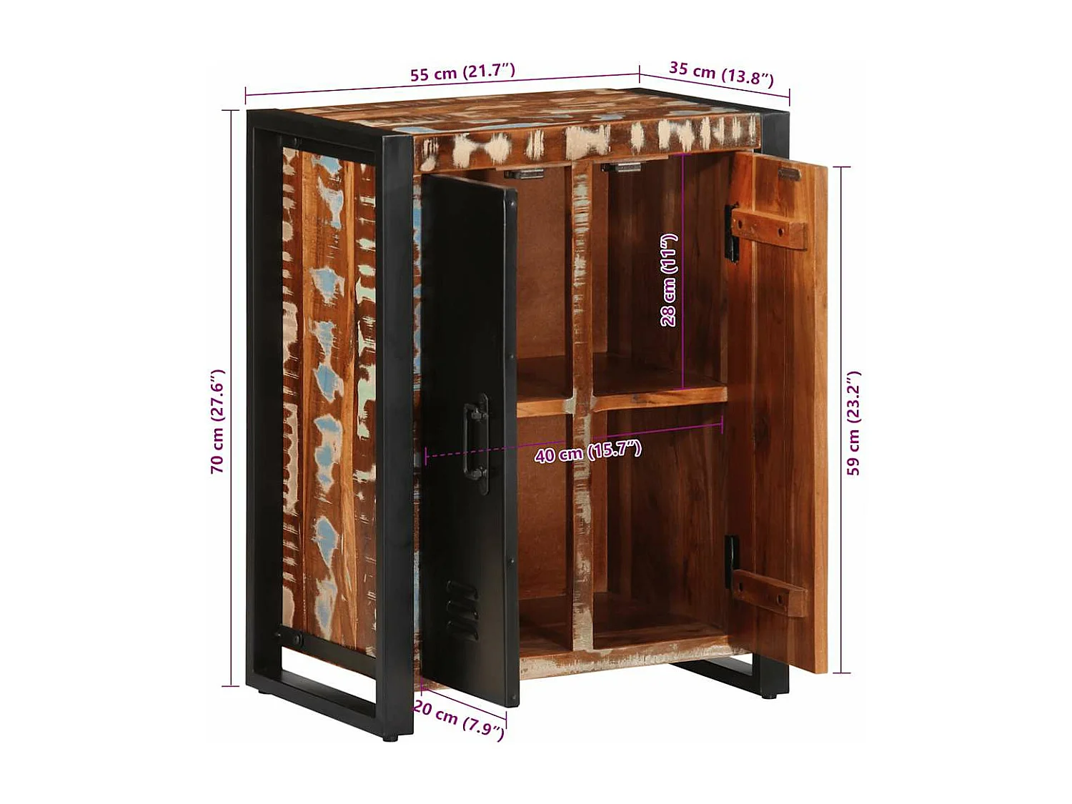 Buffet multicolore 55x35x70 cm bois massif récupération