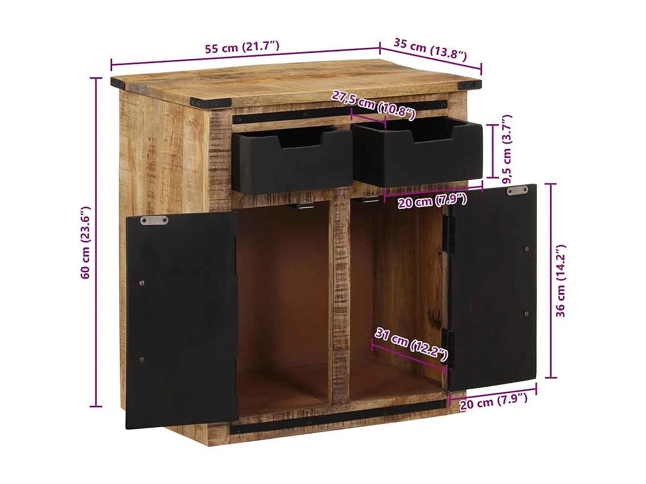 Dressoir met 2 lades 55x35x60 cm massief mangohout