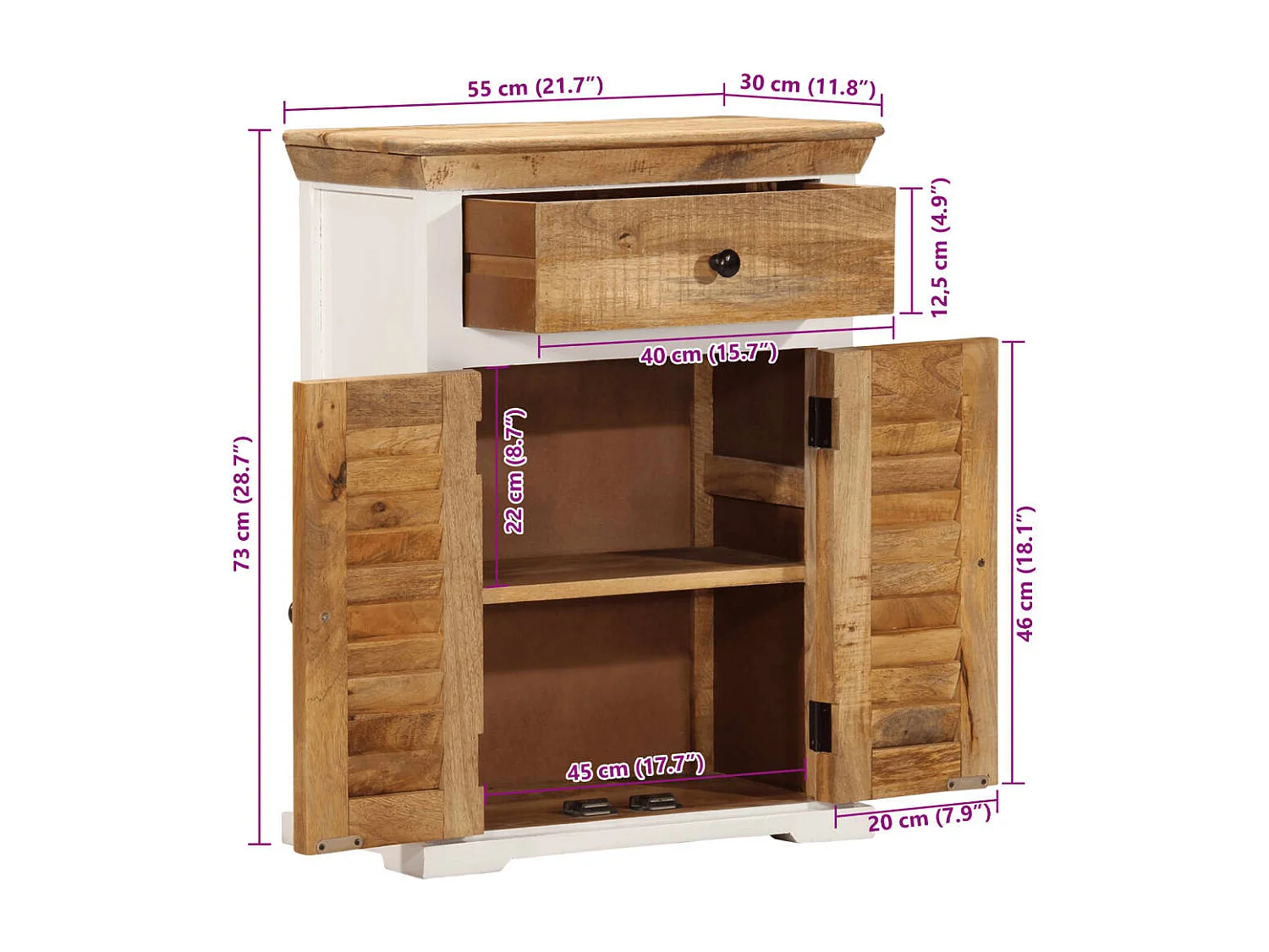 Buffet blanc et marron 55x30x73 cm bois de manguier solide brut
