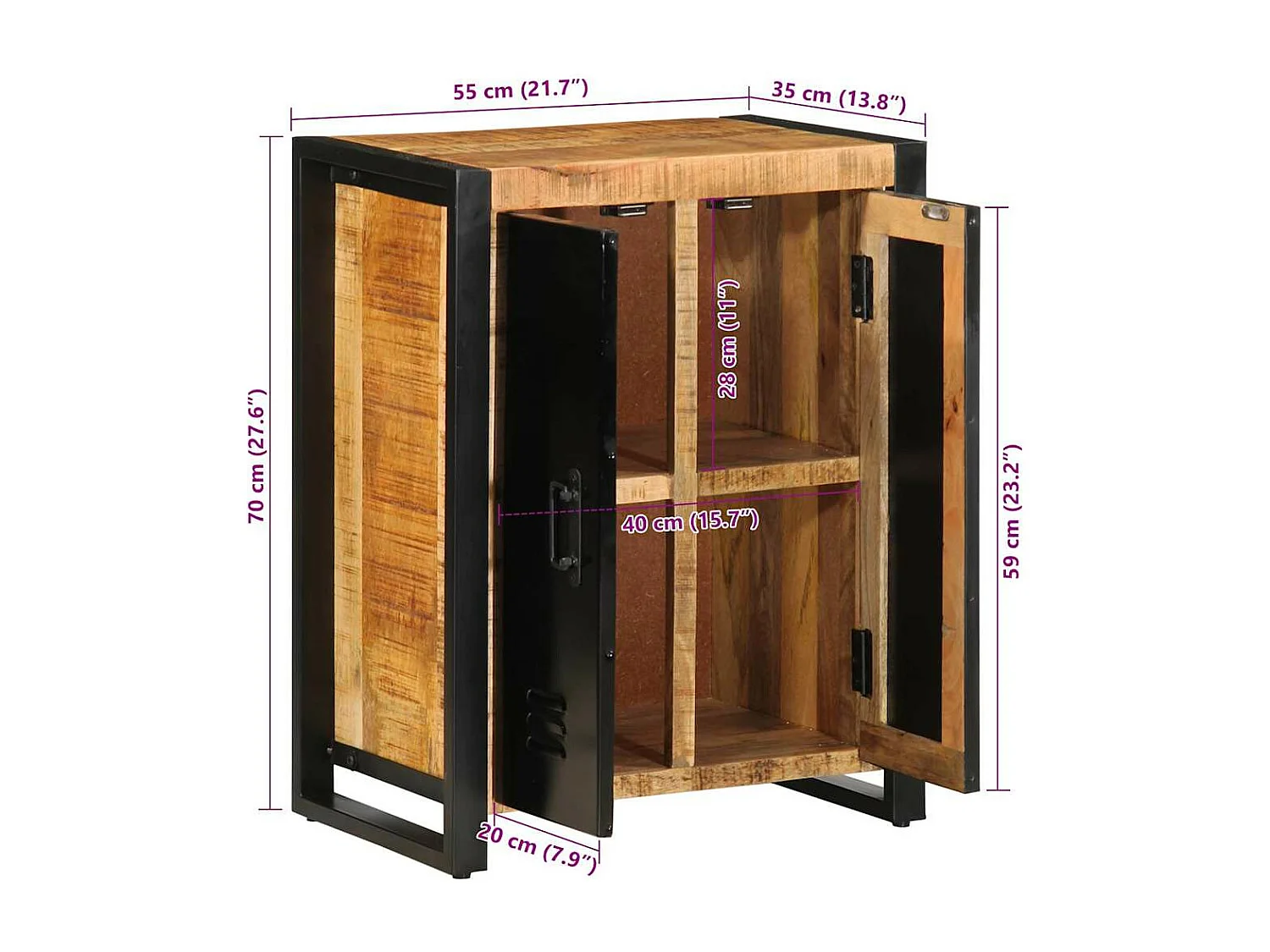 Buffet 55x35x70 cm bois de manguier brut massif