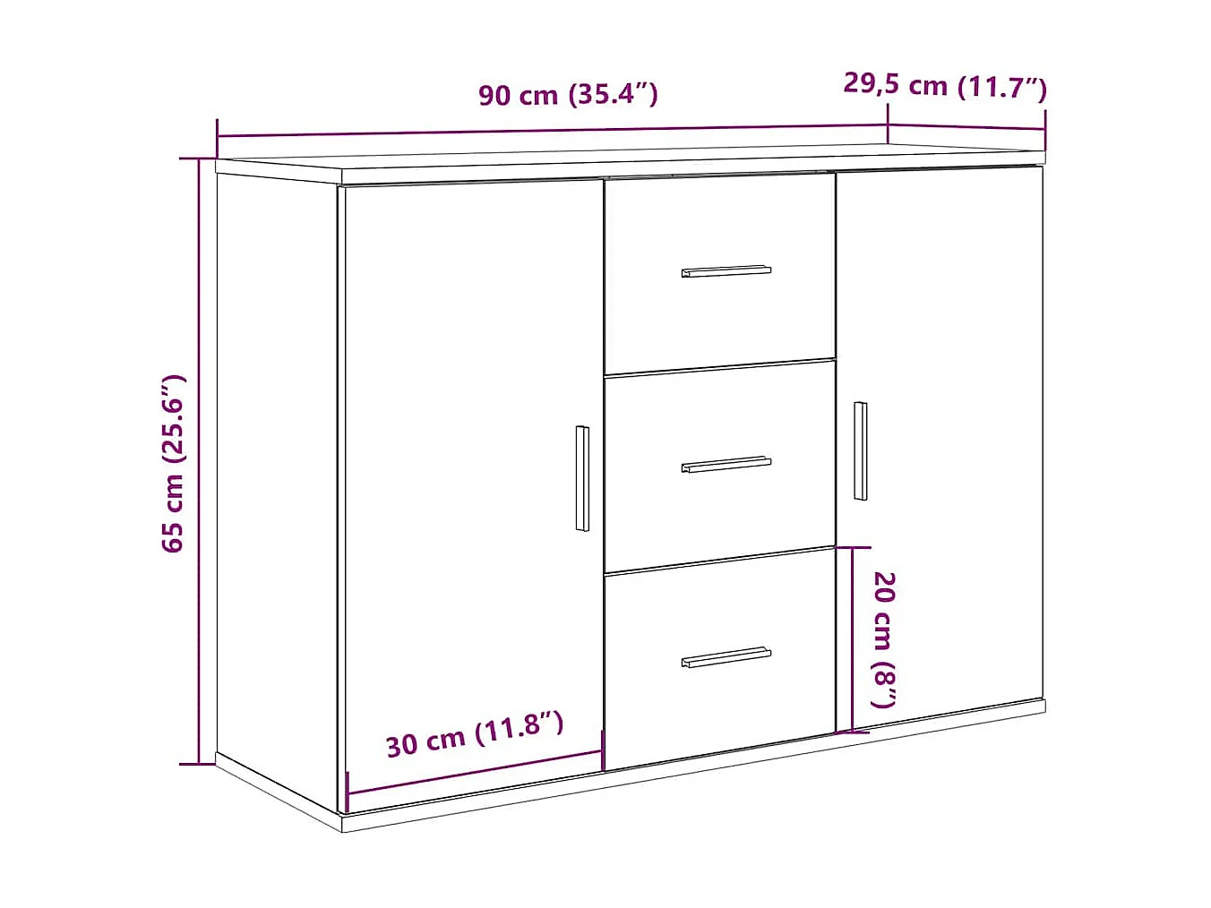 Dressoir 90x29,5x65 cm bewerkt hout artisanaal eikenkleur