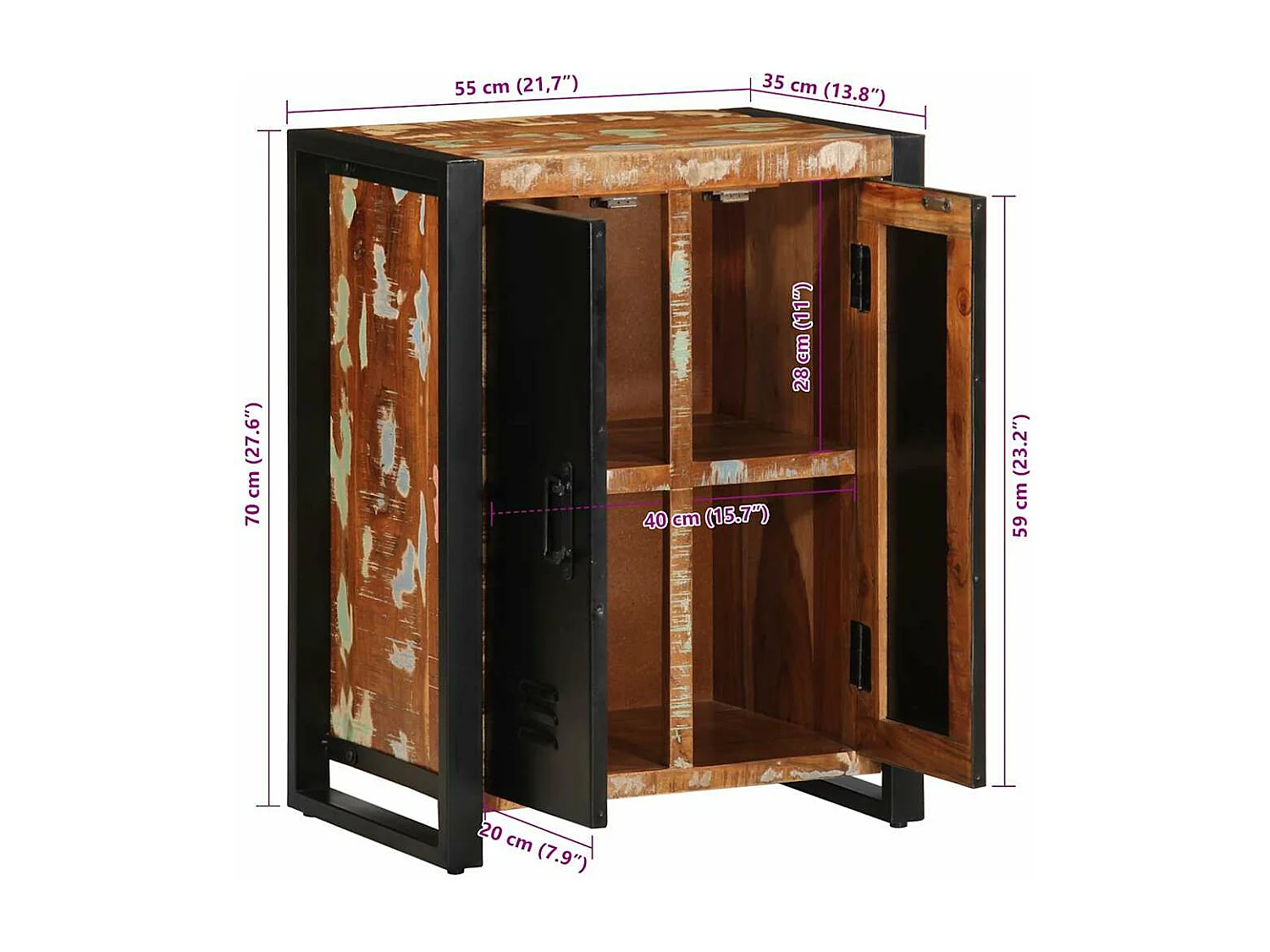 Buffet multicolore 55x35x70 cm bois massif récupération