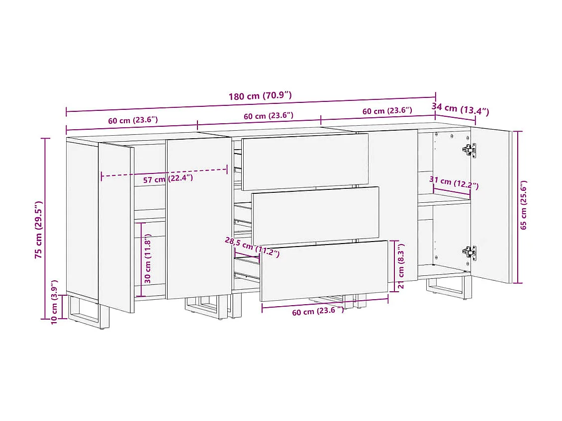 Sideboard 3 Stk. 60x34x75 cm Massivholz Akazie