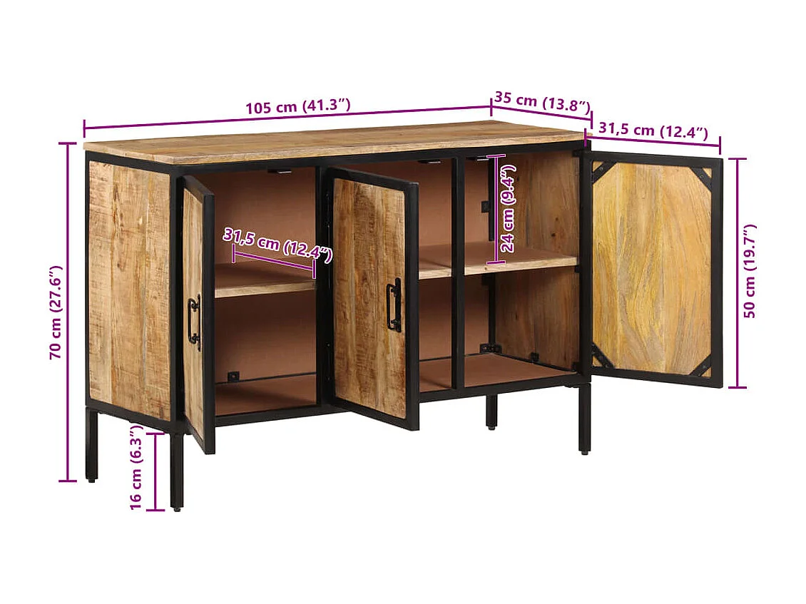 Credenza 105x35x70 cm in Legno Massello di Mango Grezzo
