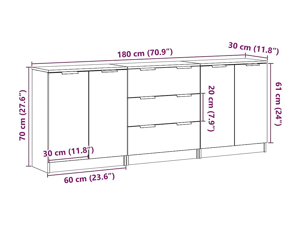 Credenze 3 pz Rovere Artigianale 60x30x70 cm Legno Multistrato