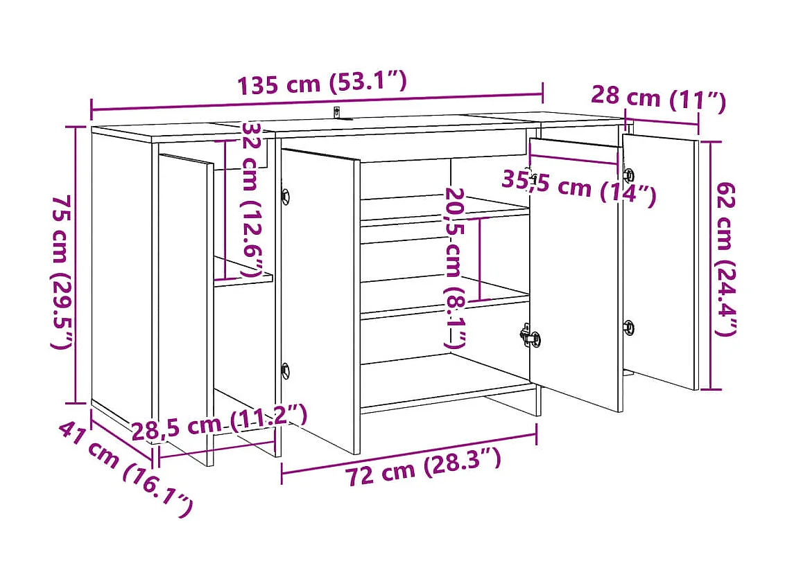 Buffet chêne artisanal 135x41x75 cm bois d'ingénierie