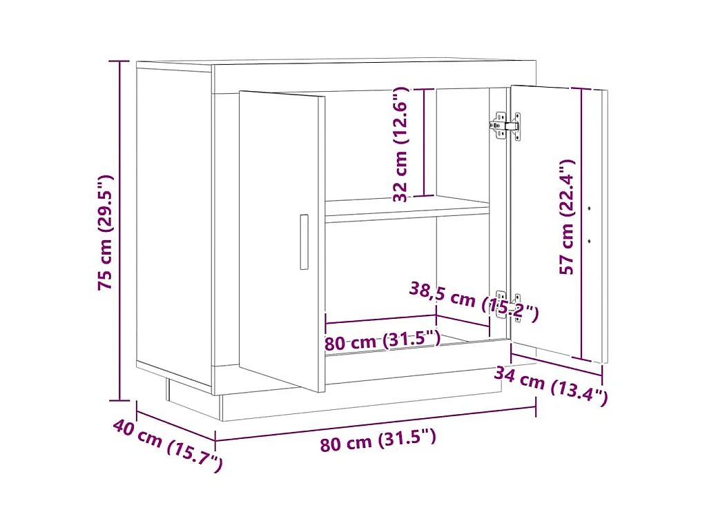 Dressoir 80x40x75 cm bewerkt hout artisanaal eikenkleur