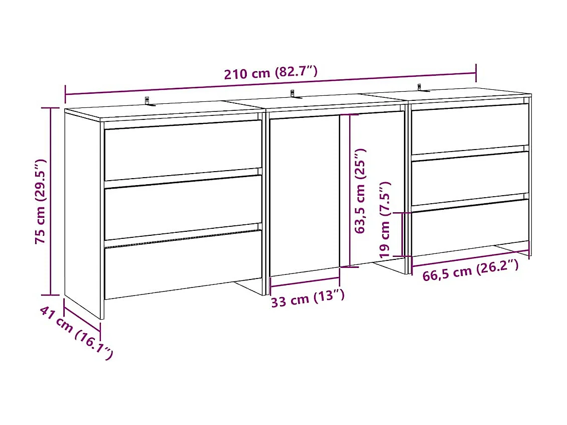 Buffet 3 pcs chêne artisanal bois d'ingénierie