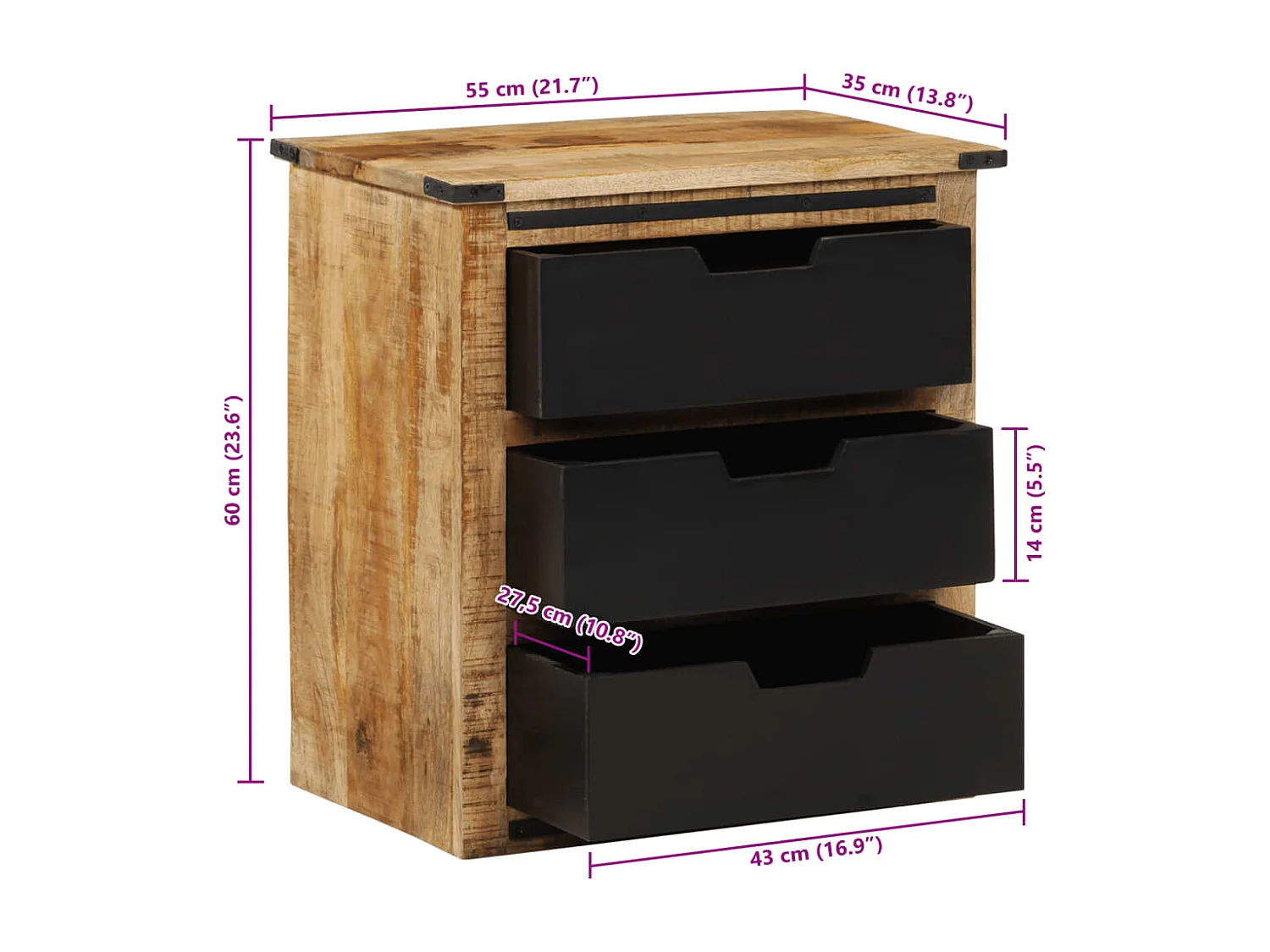 Credenza con 3 Cassetti 55x35x60 cm Legno Massello di Mango