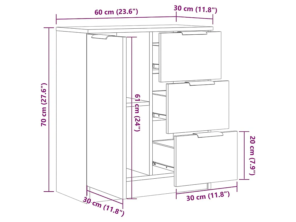 Buffet chêne artisanal 60x30x70 cm bois d'ingénierie