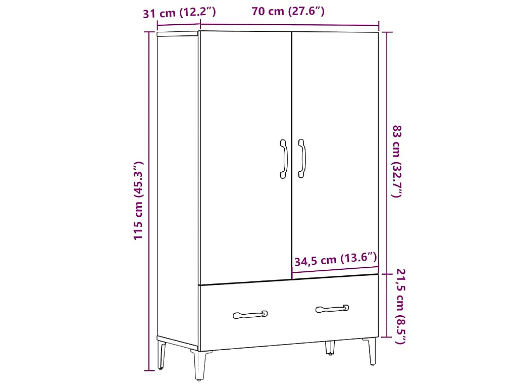 Buffet chêne artisanal 70x31x115 cm bois d'ingénierie