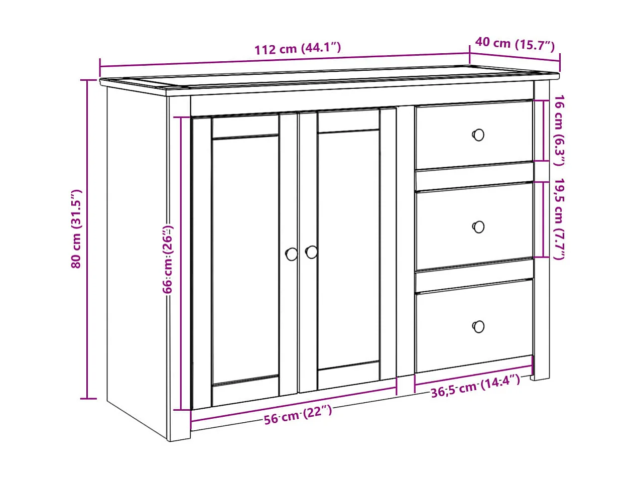 Aparador con cajones Panama madera maciza pino 112x40x80 cm