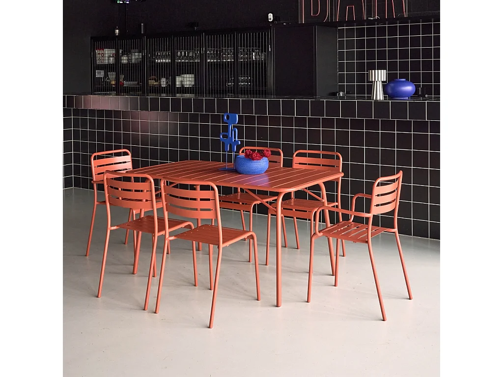 Table de jardin pliante métal + 6 assises 2 fauteuils 4 chaises. Amelia. terracotta. 141.2 x 80 x 72.5cm