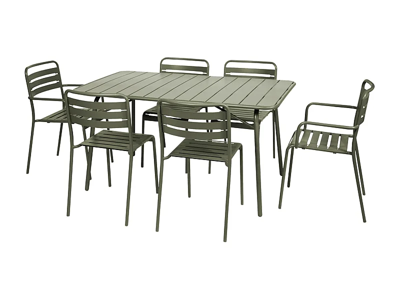 Table de jardin pliante métal + 6 assises 2 fauteuils 4 chaises. Amelia. kaki. 141.2 x 80 x 72.5cm