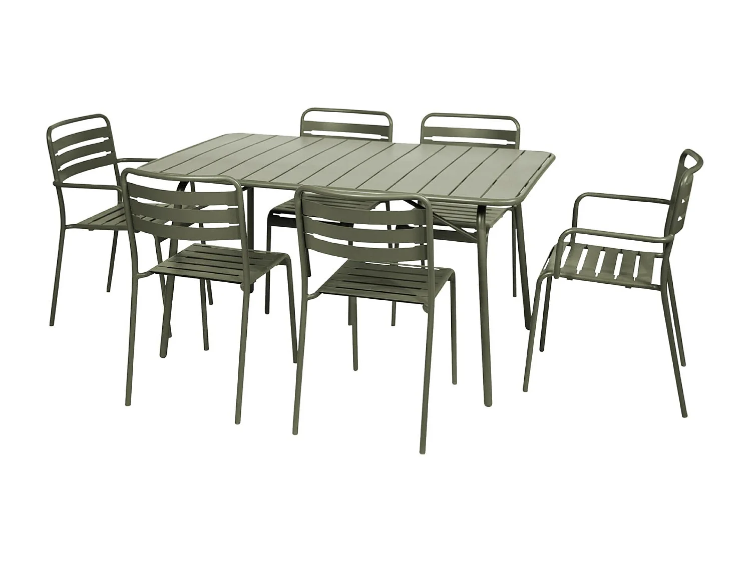 Table de jardin pliante métal + 6 assises 2 fauteuils 4 chaises. Amelia. kaki. 141.2 x 80 x 72.5cm