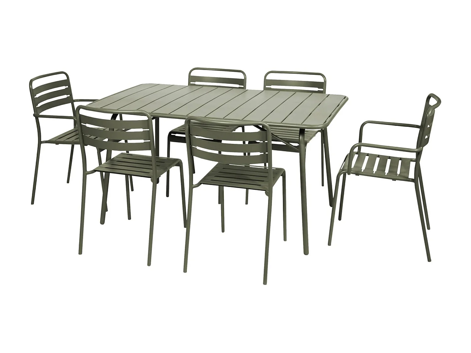 Table de jardin pliante métal + 6 assises 2 fauteuils 4 chaises. Amelia. kaki. 141.2 x 80 x 72.5cm