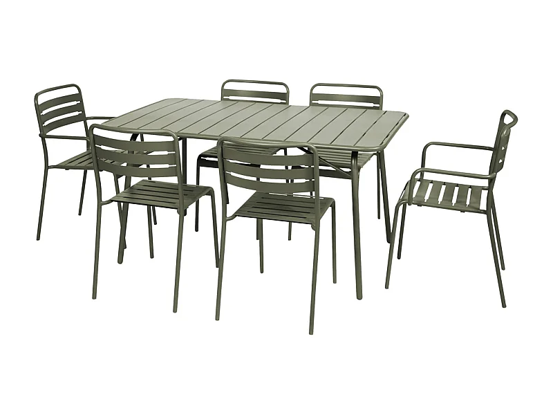Table de jardin pliante métal + 6 assises 2 fauteuils 4 chaises. Amelia. kaki. 141.2 x 80 x 72.5cm