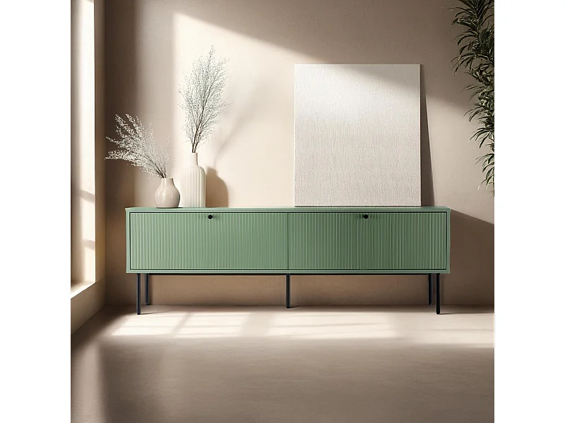 Meuble TV 2 portes en acier et MDF décor mélaminé 150 cm vert sauge