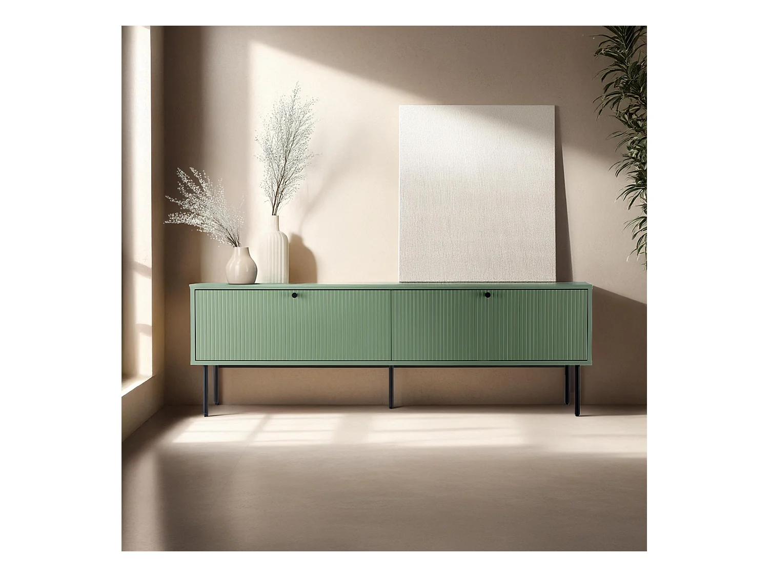 Meuble TV 2 portes en acier et MDF décor mélaminé 150 cm vert sauge
