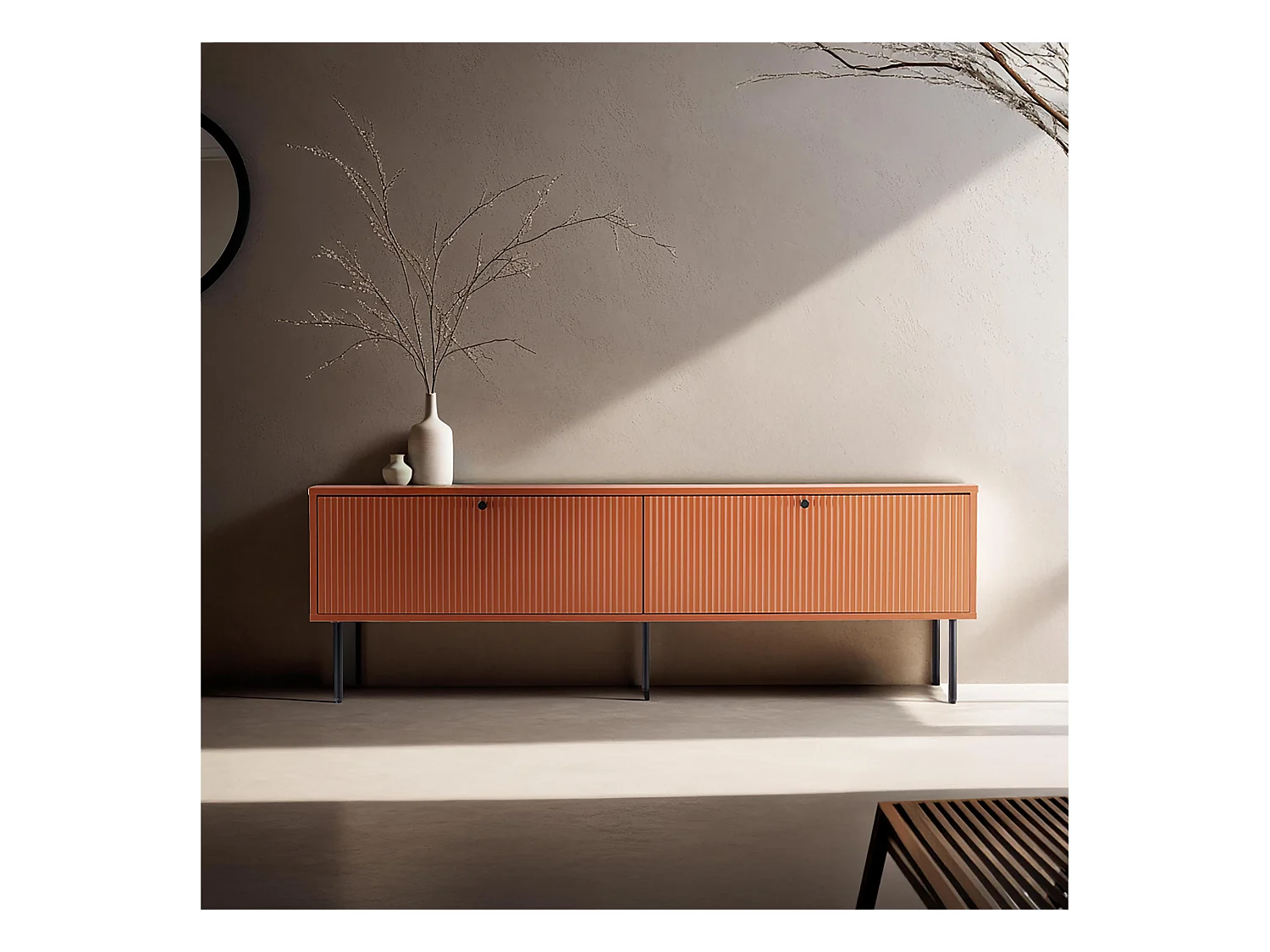Meuble TV 2 portes en acier et MDF décor mélaminé 150 cm orange