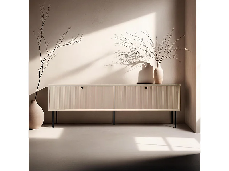 Meuble TV 2 portes en acier et MDF décor mélaminé 150 cm beige