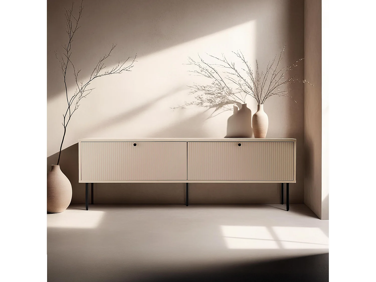 Meuble TV 2 portes en acier et MDF décor mélaminé 150 cm beige