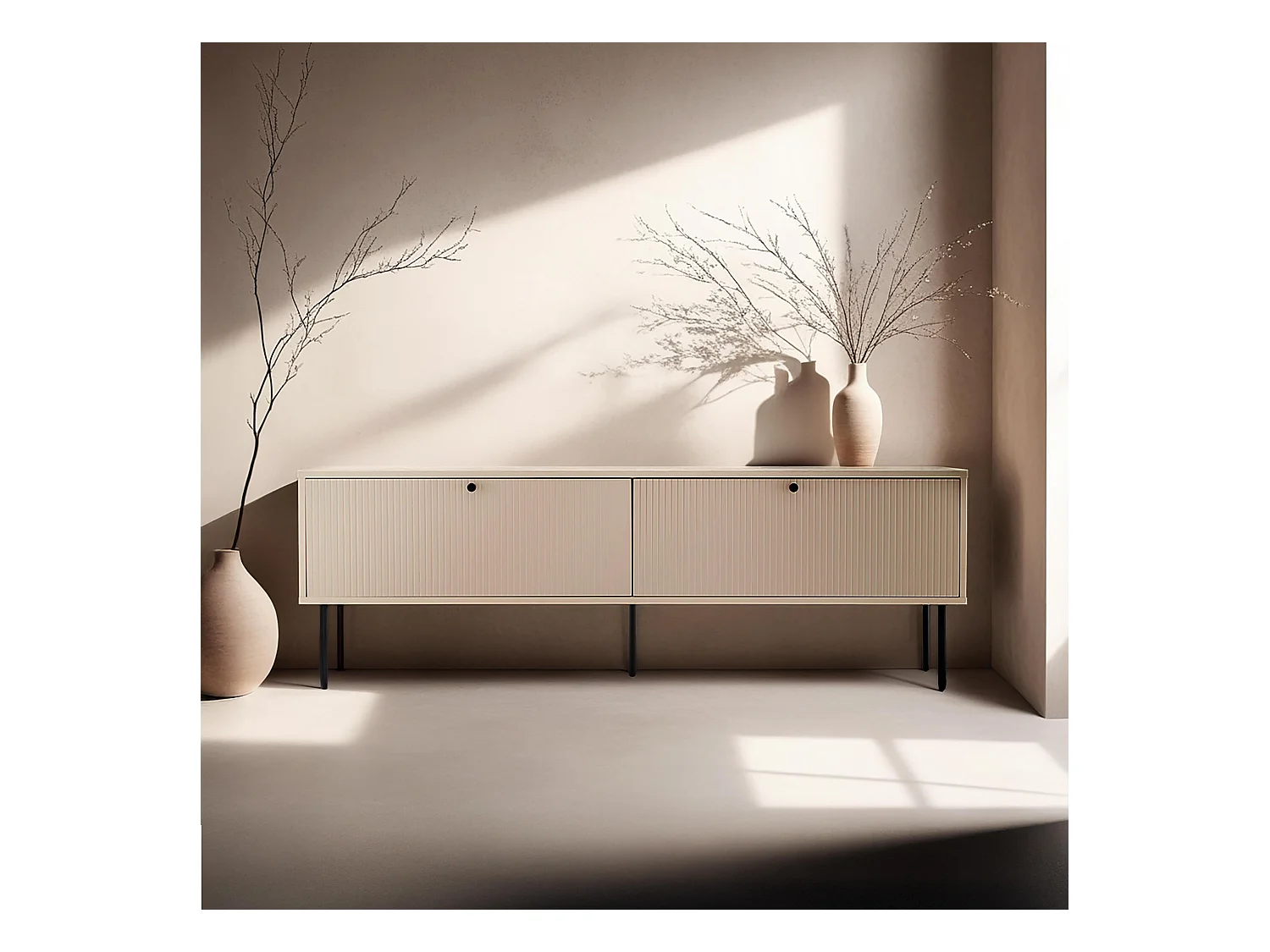 Meuble TV 2 portes en acier et MDF décor mélaminé 150 cm beige