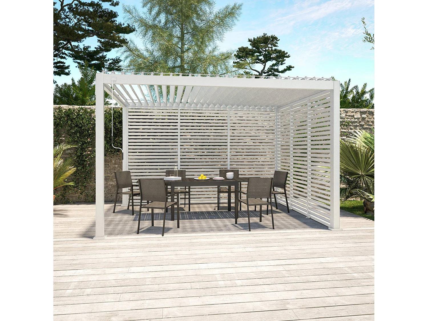 Pergola bioclimatique Triomphe 3x4 + 3 persiennes 130cm pour le côté de 4m. panneau brise vue. L 400 x P 300 x H 250 cm