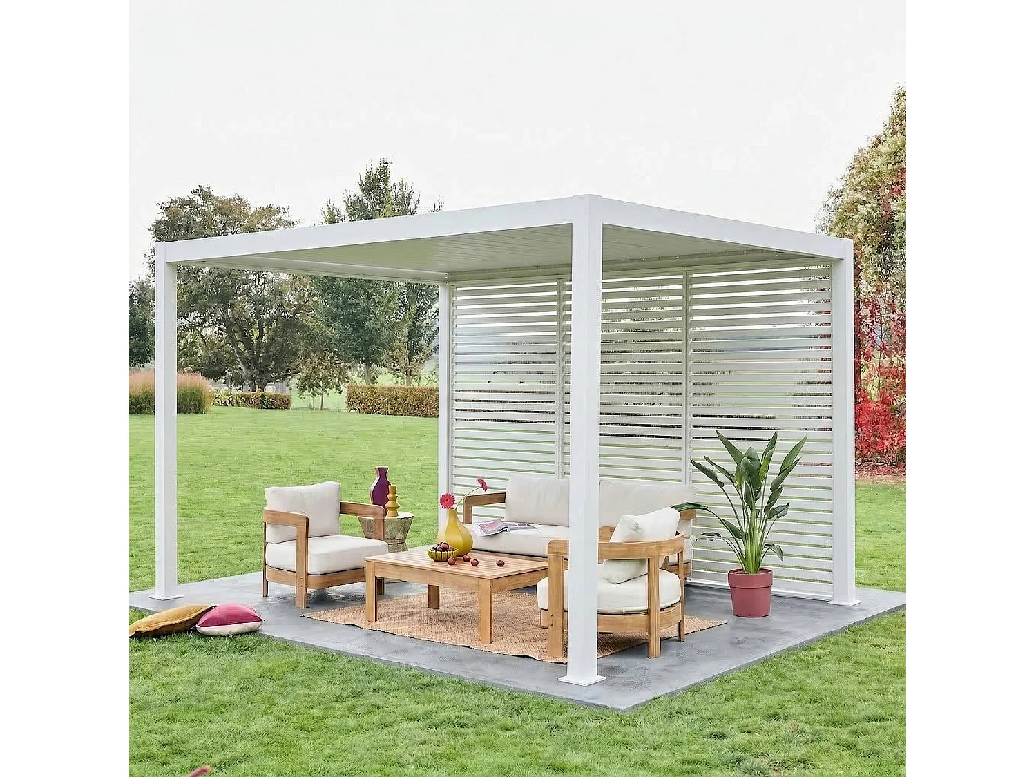 Pérgola bioclimática de aluminio 3x4m + 3 persianas de 130cm blanco