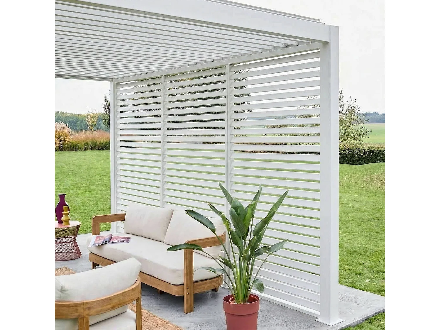 Pérgola bioclimática de aluminio 3x4m + 3 persianas de 130cm blanco