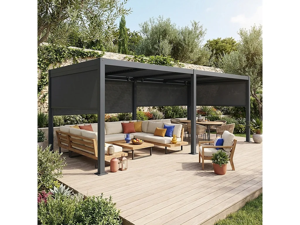 Pérgola bioclimática 3x6m de lamas de aluminio y acero + 4 toldos de