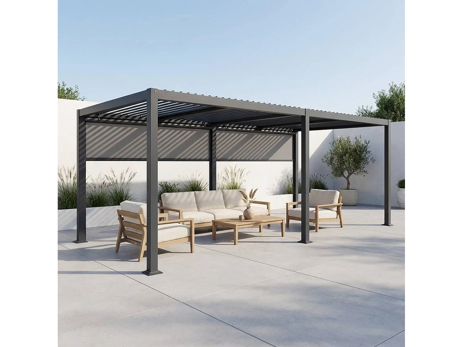 Pérgola bioclimática de aluminio y acero 3x6m con 2 toldos de 3m