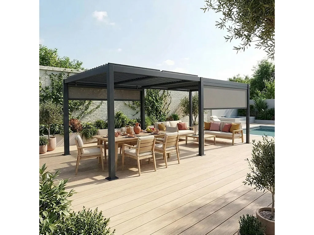Pérgola bioclimática de aluminio y acero 3x6m con 2 toldos de 3m