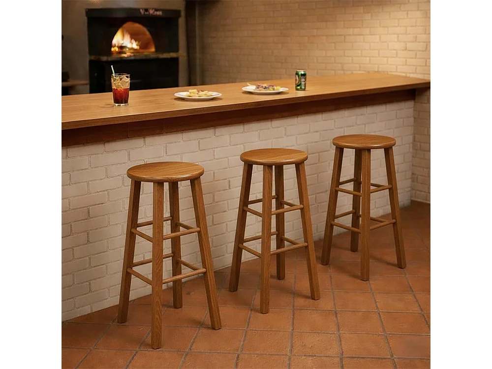 Tabouret en bois avec assise ronde h 80 cm pieds droits noyer clair