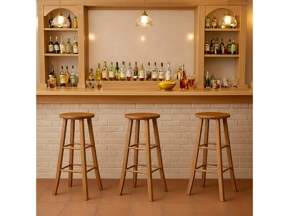 Sgabelli bar set da 2  rotondi h 80 cm noce chiaro gambe sciabola