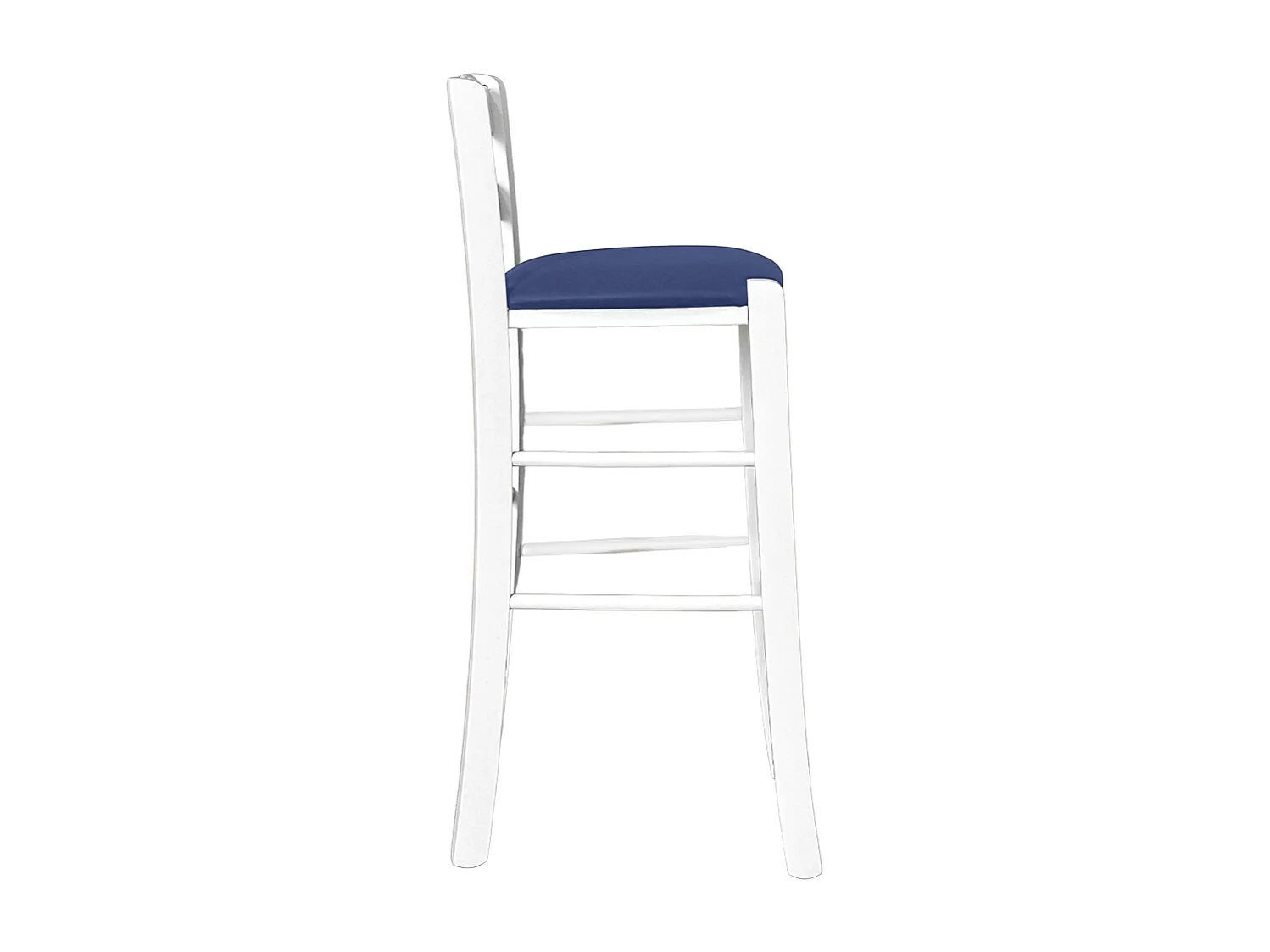 Tabouret en bois blanc avec trou dans le dossier h66 assise en éco-cuir bleu