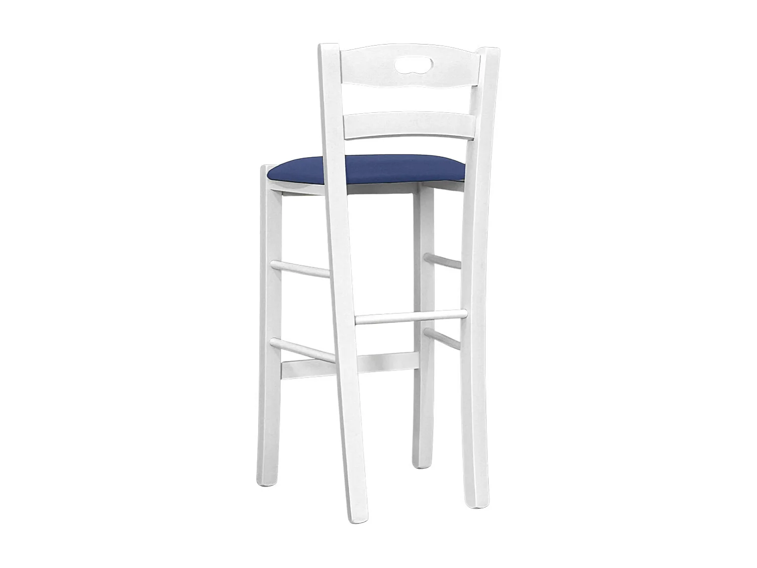 Tabouret en bois blanc avec trou dans le dossier h66 assise en éco-cuir bleu