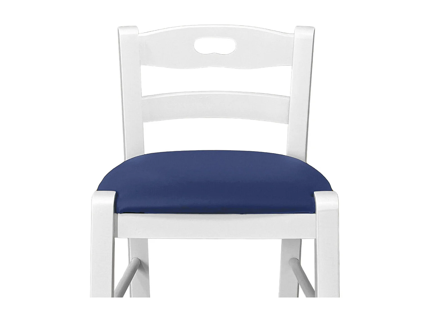 Taburete de madera blanco con agujero en el respaldo h66 asiento ecopiel azul