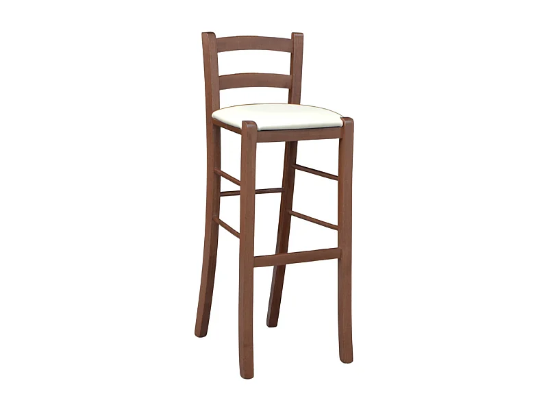 Taburete de madera de nogal oscuro con respaldo h 80 cm asiento de piel sintética color crema